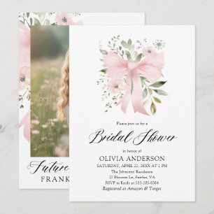 Modern Pink Bow Floral Love in Bloom Bridal Shower Invitation