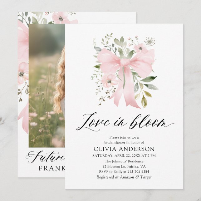 Modern Pink Bow Floral Love in Bloom Bridal Shower Invitation (Front/Back)