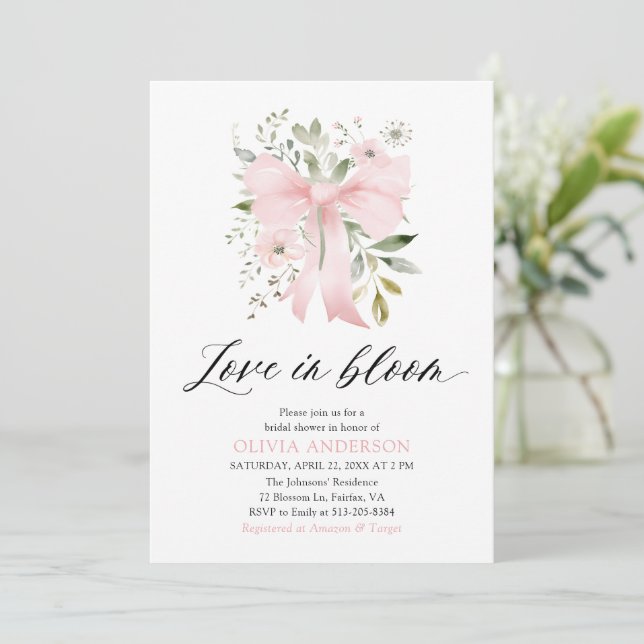 Modern Pink Bow Floral Love in Bloom Bridal Shower Invitation (Standing Front)