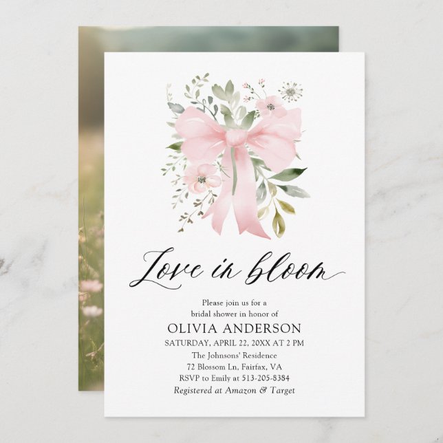 Modern Pink Bow Floral Love in Bloom Bridal Shower Invitation (Front/Back)