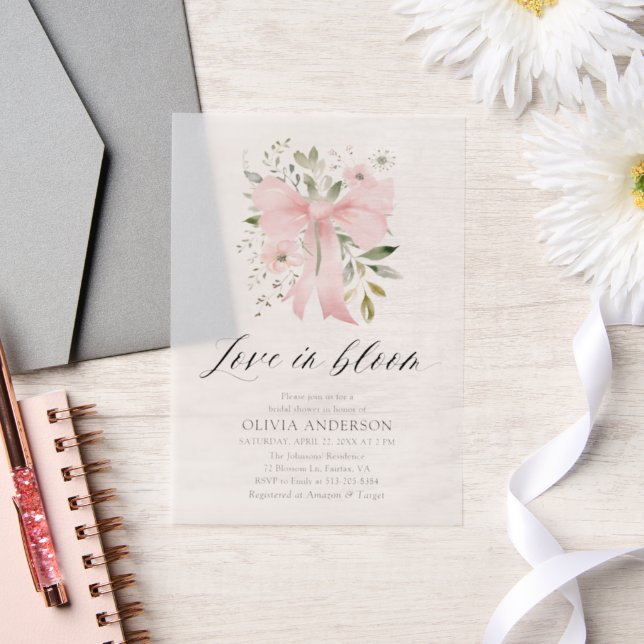 Modern Pink Bow Floral Love in Bloom Bridal Shower Vellum Invitations (Wedding)