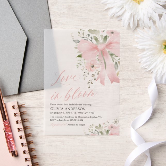 Modern Pink Bow Floral Love in Bloom Bridal Shower Vellum Invitations (Wedding)