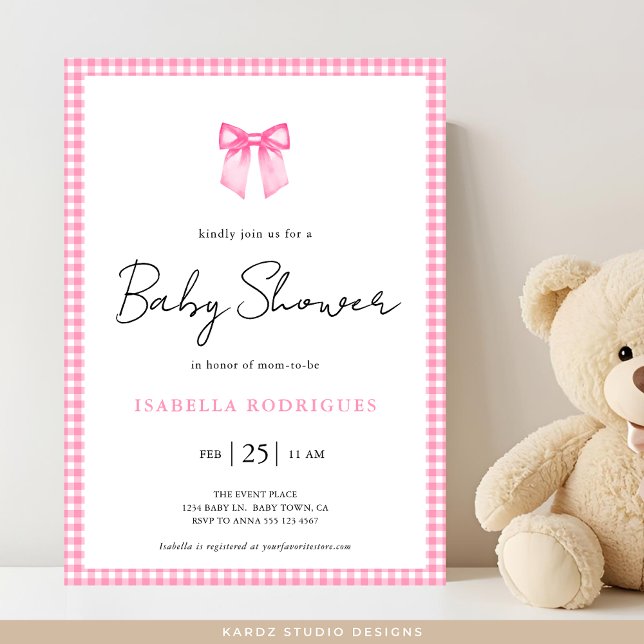 Modern Pink Bow Gingham Baby Shower Invitation (Invitation shown in 5 x 7, personalize, choose paper and corner style. Digital invitation available)