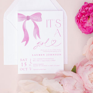 Modern Pink Bow Girl Baby Shower Invitation
