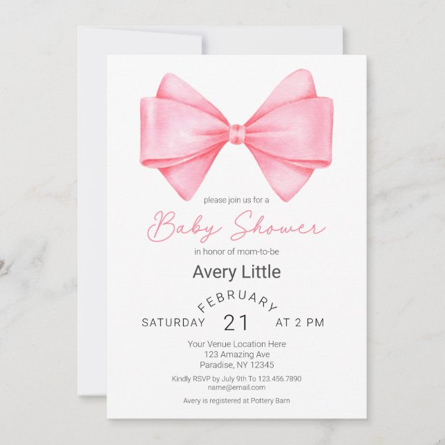 Modern Pink Bow Girl Baby Shower Invitation (Front)