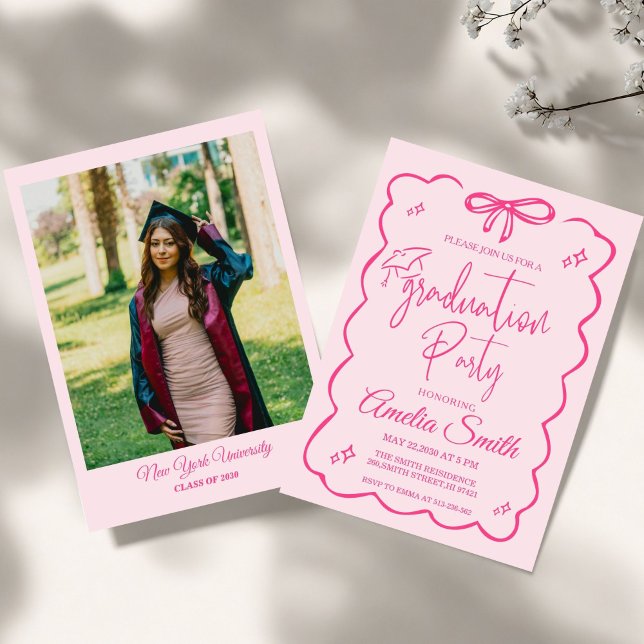 Modern Pink Bow Graduation Class of 2026 Photo Invitation (Creator Uploaded)
