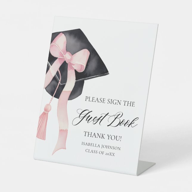 Modern Pink Bow Graduation Party Guest Book Sign (Front)