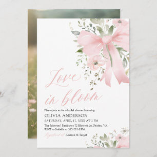Modern Pink Bow Love in Bloom Floral Bridal Shower Invitation