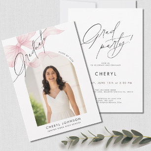 Modern Pink Bow Photo Graduation Party Invitation