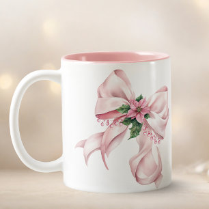 Modern Pink Bow poinsettia Christmas Name Two-Tone Coffee Mug