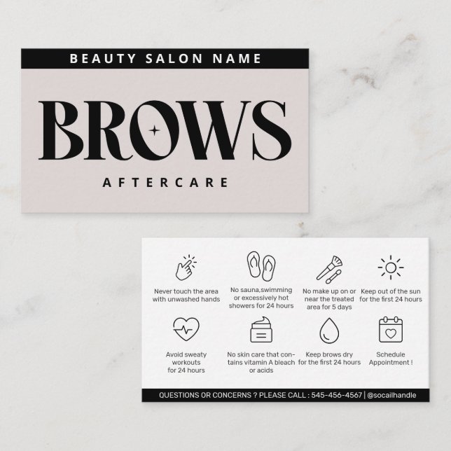 Modern Pink Brows Aftercare PMU Brow Instructions Business Card (Front/Back)