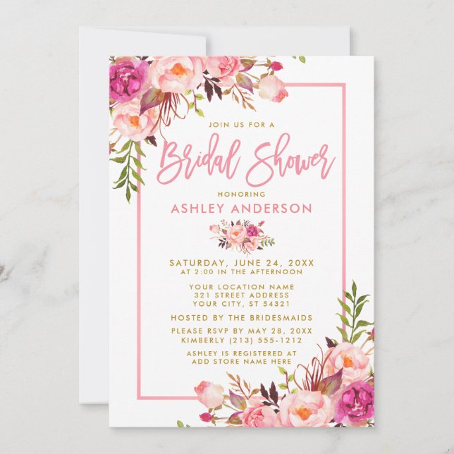 Modern Pink Brush Script Floral Gold Bridal Shower Invitation (Front)