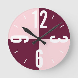 Modern pink, burgundy colour blocks large numbers round clock