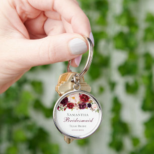 Modern Pink Burgundy Floral Bridesmaid Metal Keych Keychain