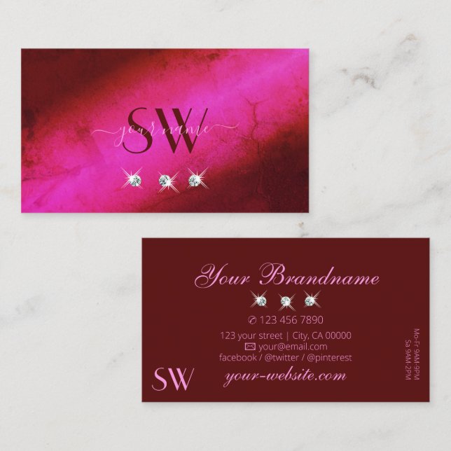 Modern Pink Burgundy Sparkling Diamonds Initials Business Card (Front/Back)