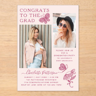 Modern Pink Butterfly Photo Graduation Party Acrylic Invitations