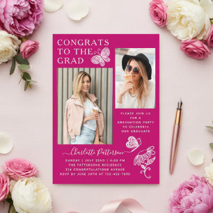 Modern Pink Butterfly Photo Graduation Party Acrylic Invitations