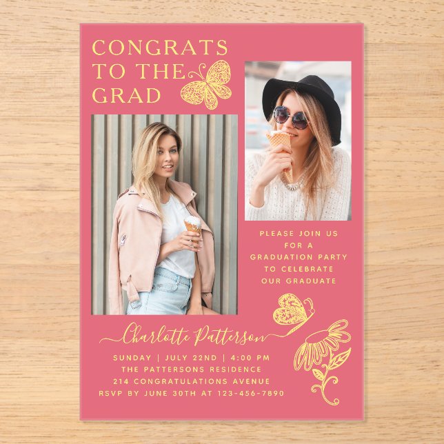 Modern Pink Butterfly Photo Graduation Party Acrylic Invitations (Front)