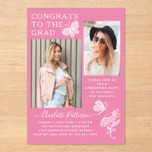Modern Pink Butterfly Photo Graduation Party Acrylic Invitations
