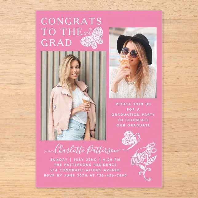 Modern Pink Butterfly Photo Graduation Party Acrylic Invitations (Front)