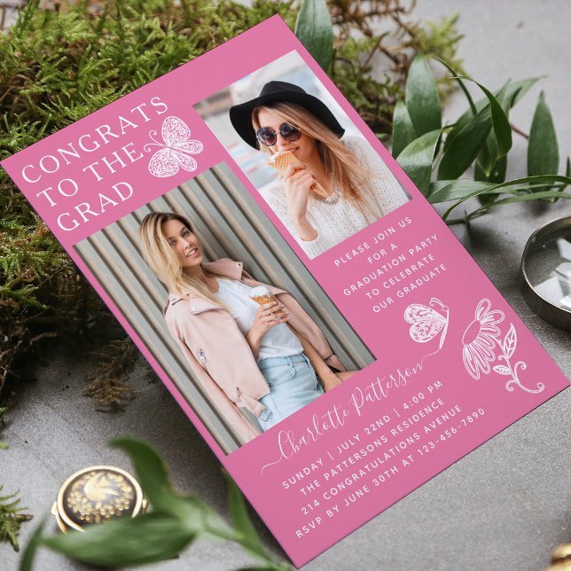 Modern Pink Butterfly Photo Graduation Party Invitation (Creator Uploaded)