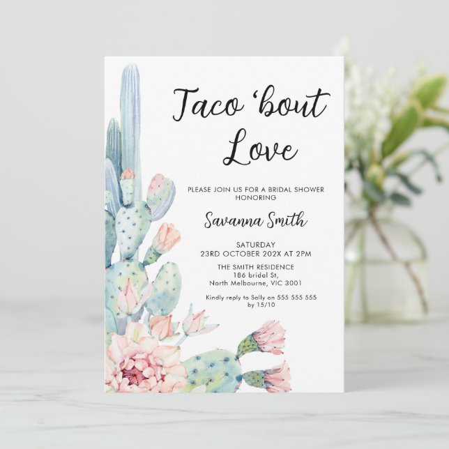 Modern Pink Cacus Taco Bout Love Bridal Shower Invitation (Standing Front)