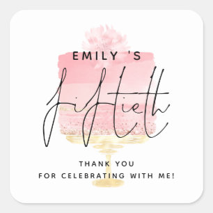 Modern Pink Cake Name 50th Birthday Party Thanks Square Sticker