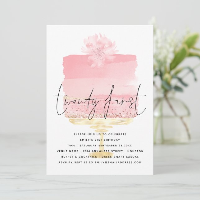 Modern Pink Cake Script 21st Birthday Invitation (Standing Front)