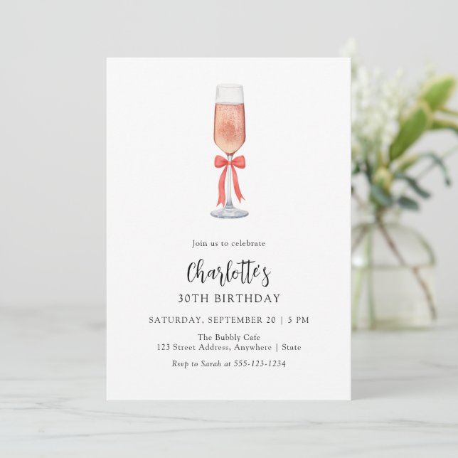 Modern Pink Champagne Bow Adult Birthday Invitation (Standing Front)