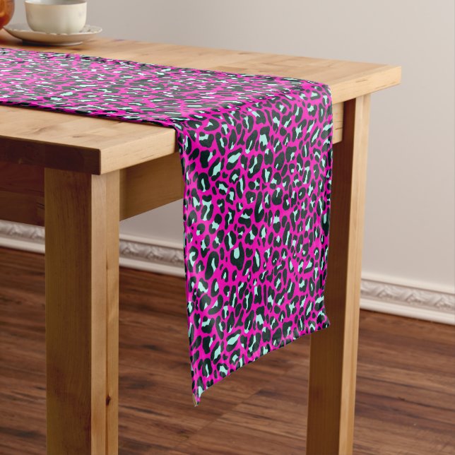 Modern Pink Cheetah Leopard Animal Print Short Table Runner (In Situ)