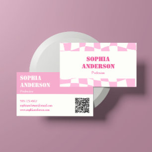 Modern Pink Chequered Business Card with QR Code  