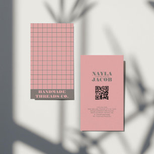 Modern Pink Chequered Pattern Pattern QR Code Business Card