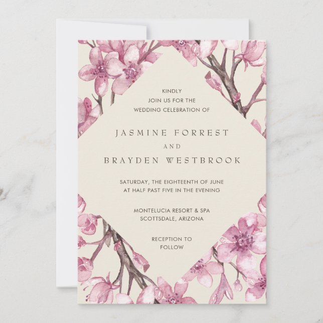 Modern Pink Cherry Blossom Geometric Wedding Invitation (Front)