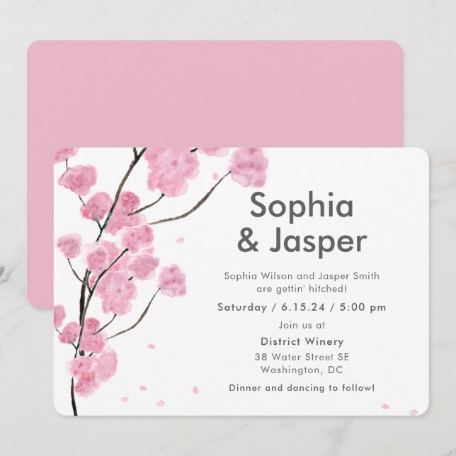 Modern Pink Cherry Blossoms Wedding Invitation (Front/Back)