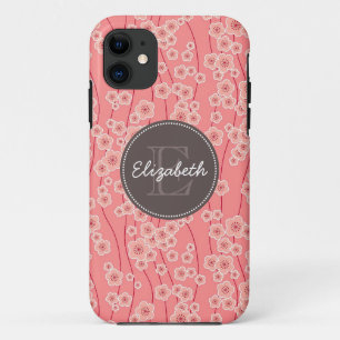 Modern Pink Cherry Flowers Monogrammed iPhone 11 Case