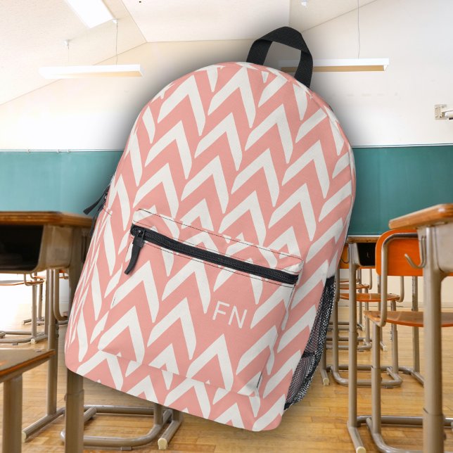 Modern Pink Chevron Monogram Initials Printed Backpack (Creator Uploaded)