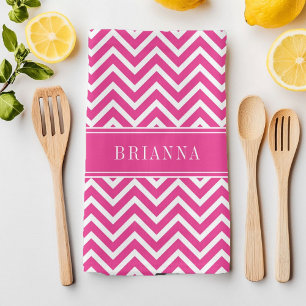 Modern Pink Chevron Stripes Name Kitchen Towel