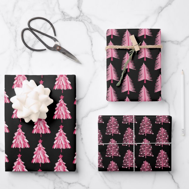 Modern Pink Christmas Festive Tree Wrapping Paper Sheet (Front)
