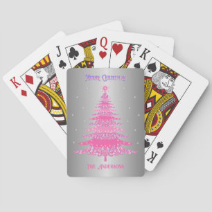 Modern Pink Christmas Tree Custom Name Silver Foil Playing Cards