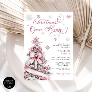 Modern Pink Christmas Tree Open House Party Invitation