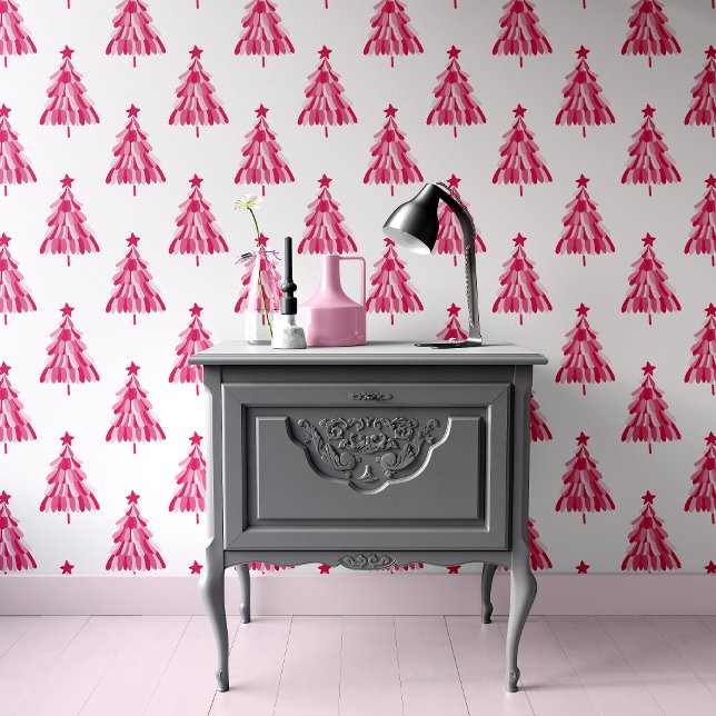 Modern Pink Christmas Tree Pattern Wallpaper (Modern pink christmas tree wallpaper, ideal for Holiday decor)