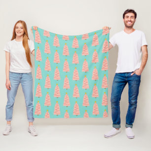 Modern Pink Christmas Trees On Aqua Fleece Blanket