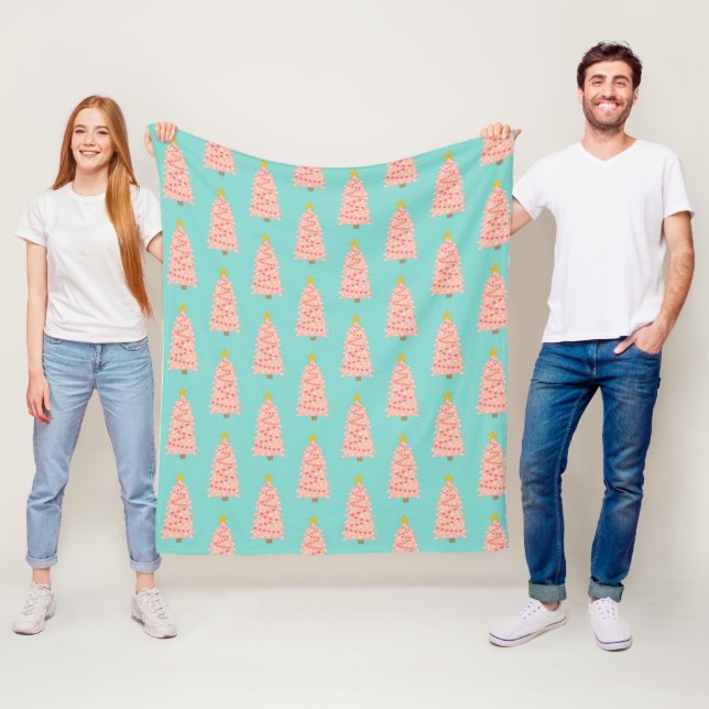 Modern Pink Christmas Trees On Aqua Fleece Blanket (In Situ)