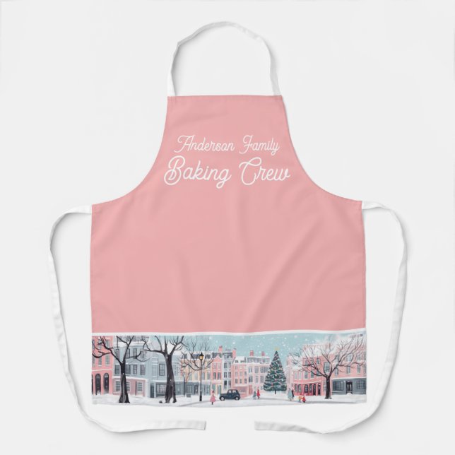 Modern Pink Christmas Winter City Baking Crew Apron (Front)