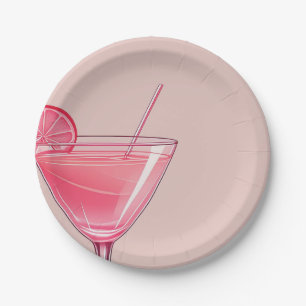 Modern Pink Cocktail Birthday Paper Plate