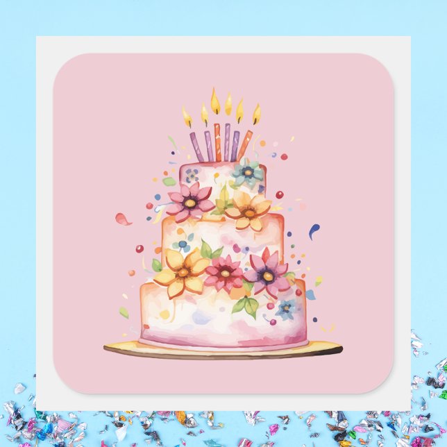 Modern Pink Colourful Birthday Cake Square Sticker (Creator Uploaded)