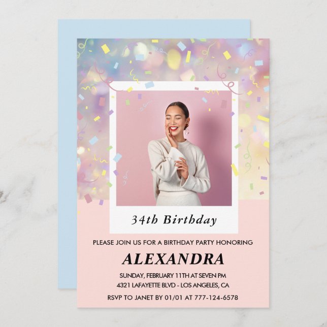 Modern Pink Confetti Photo 34th birthday Invitation (Front/Back)