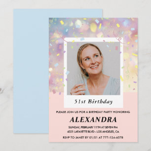Modern Pink Confetti Photo 51st birthday Invitation