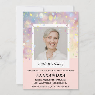 Modern Pink Confetti Photo 89th birthday Invitation
