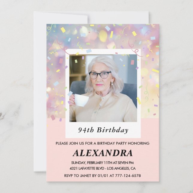Modern Pink Confetti Photo 94th birthday Invitation (Front)